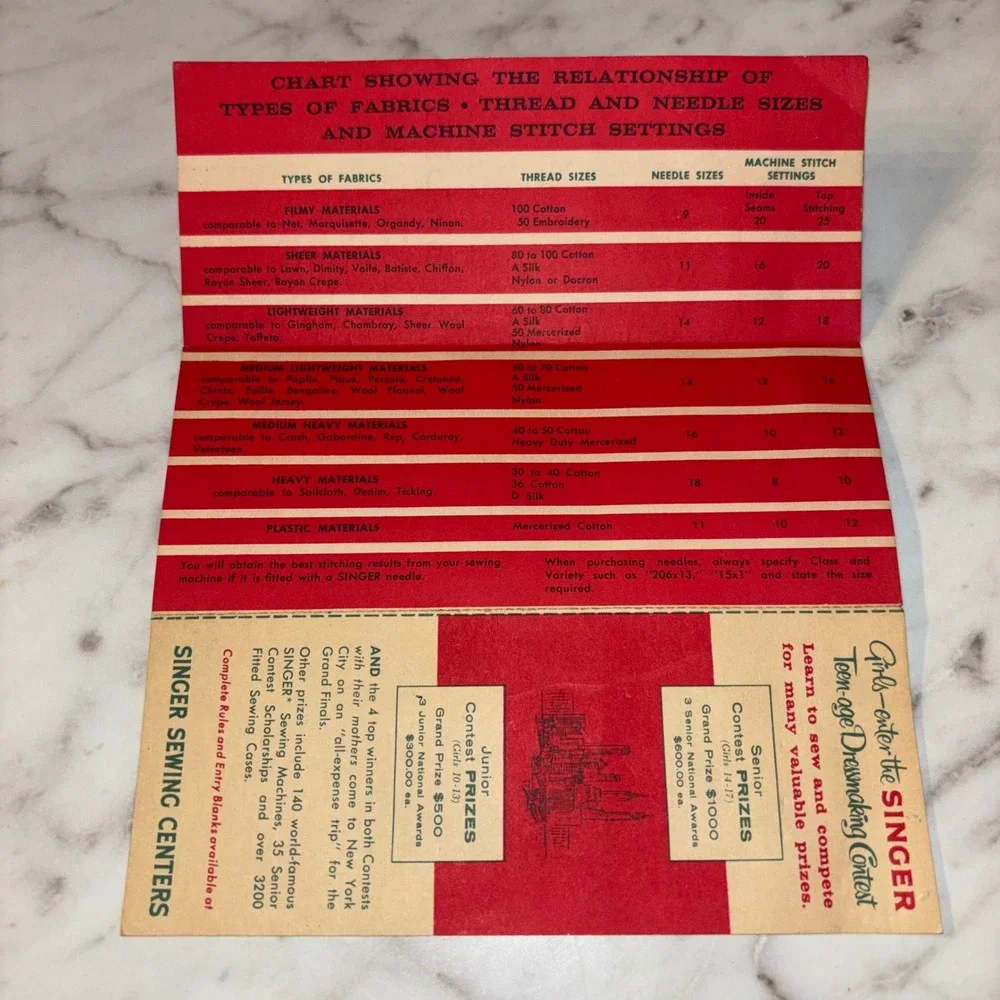 Vintage 1958 Singer Sewing Machine Thread Needle & Stitch Chart Reference Guide